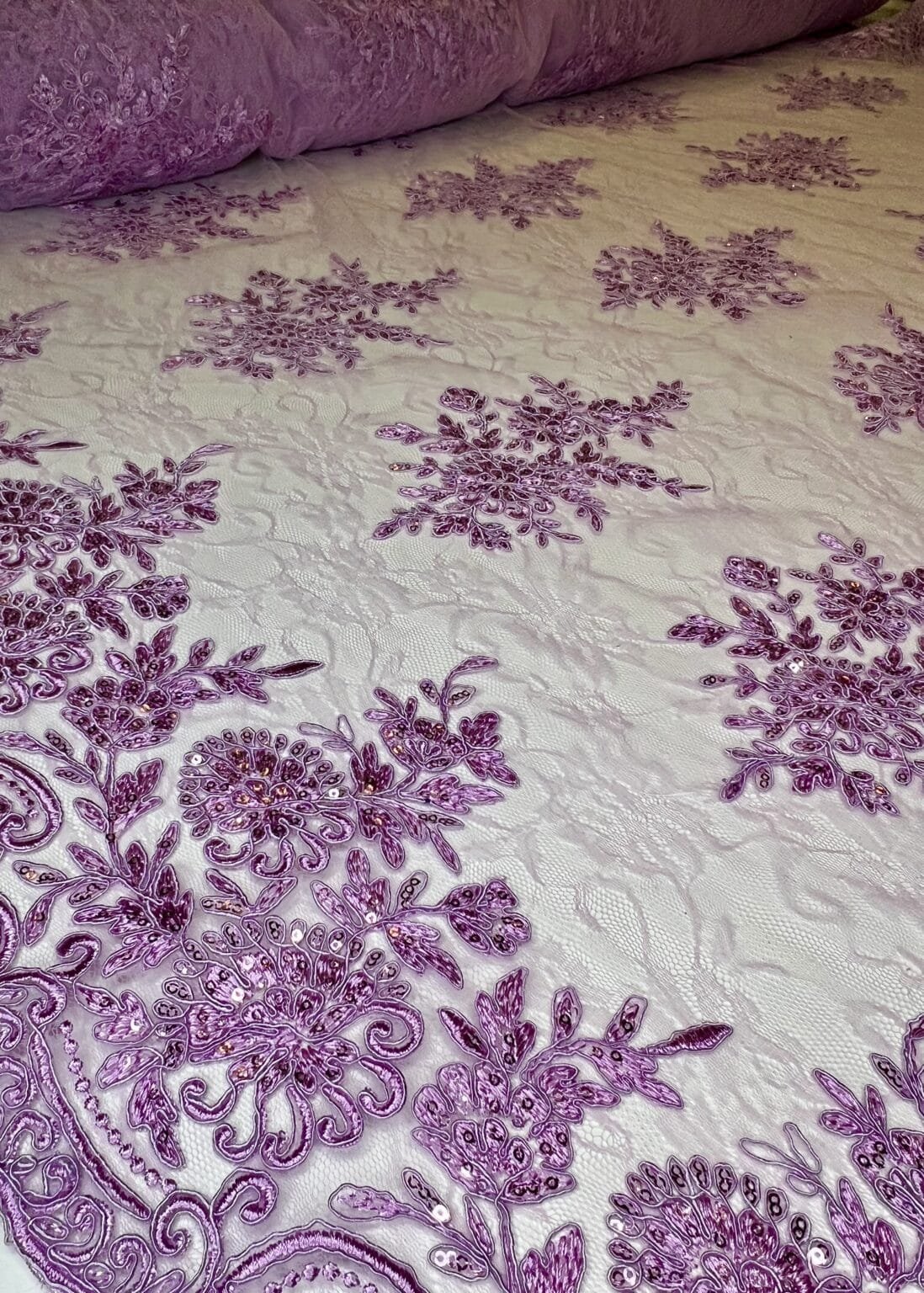 Turkish Guipure Lace with Sewn Scales in Lilac Color