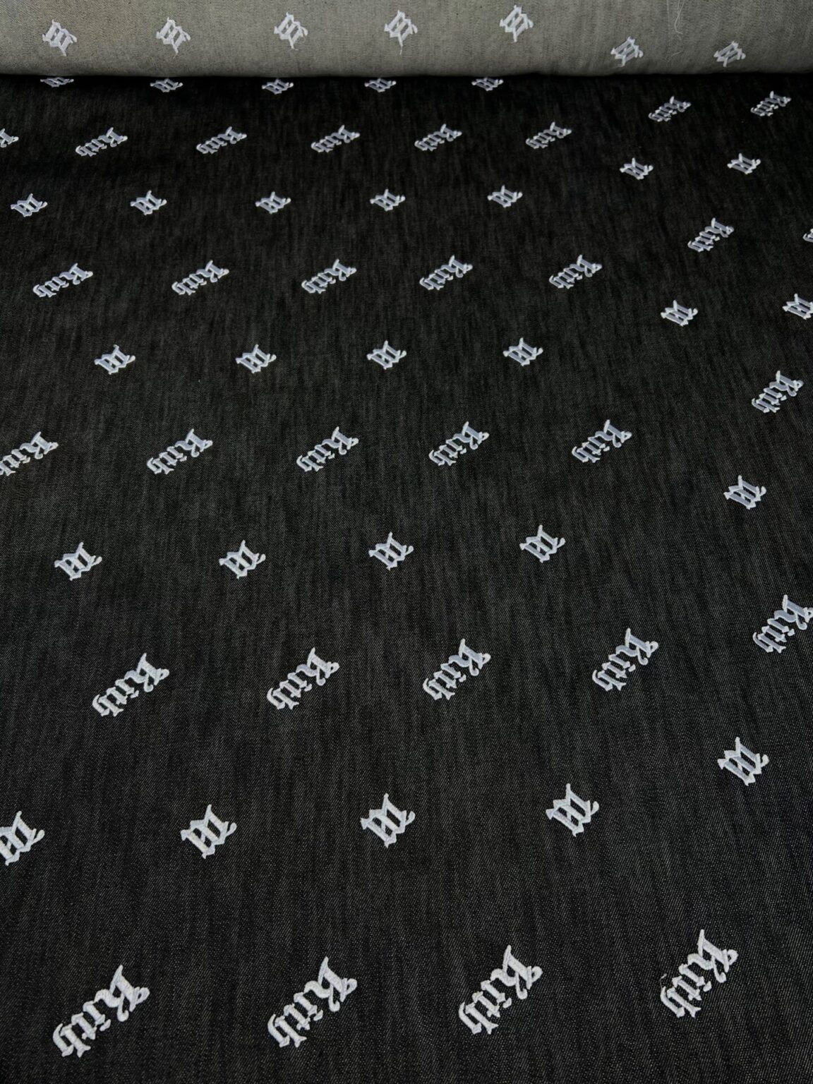 Authentic "Kith" Collection Embroidered Stiff Denim Fabric in "Dark Blue" Color