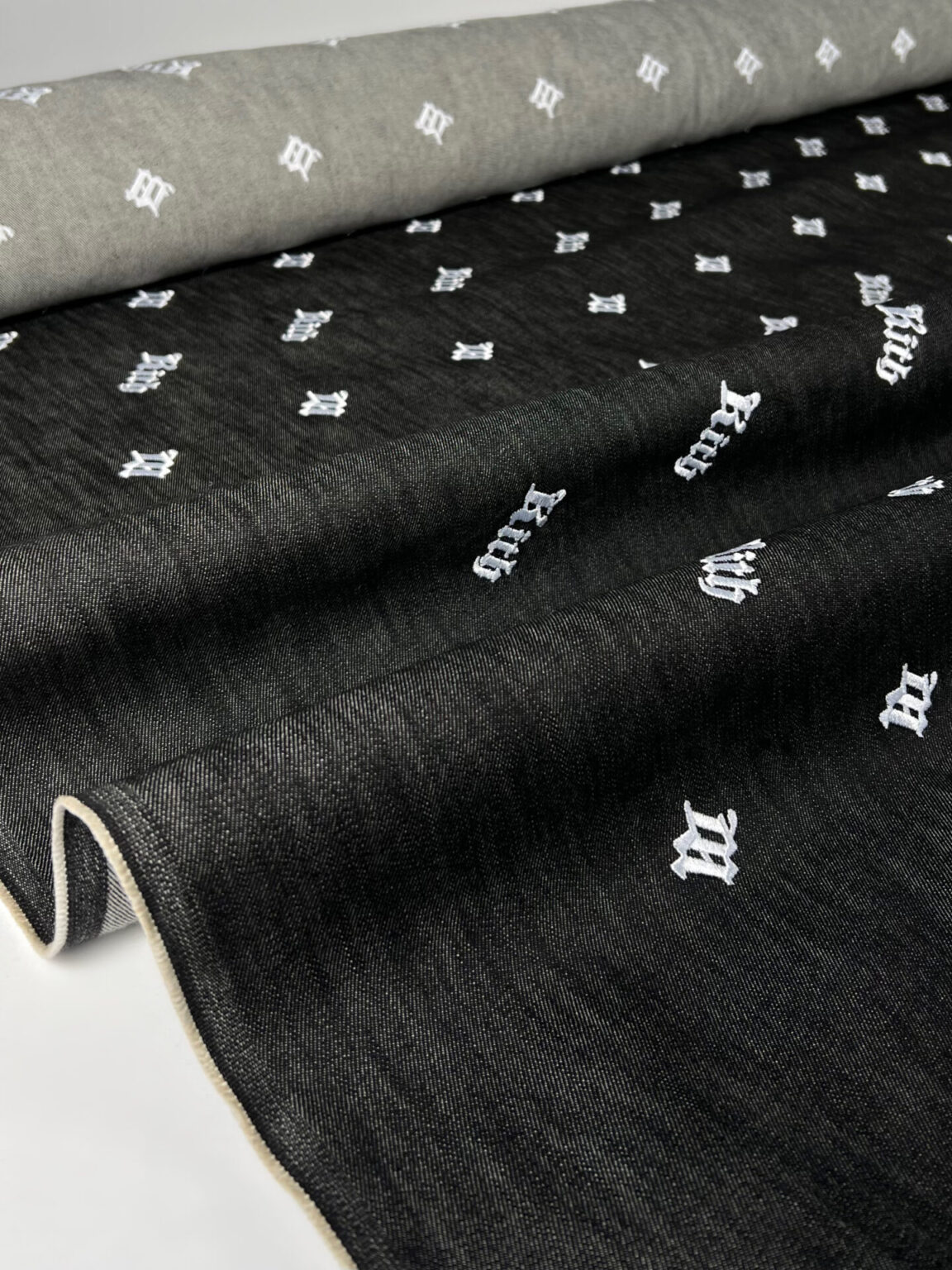 Authentic "Kith" Collection Embroidered Stiff Denim Fabric in "Dark Blue" Color