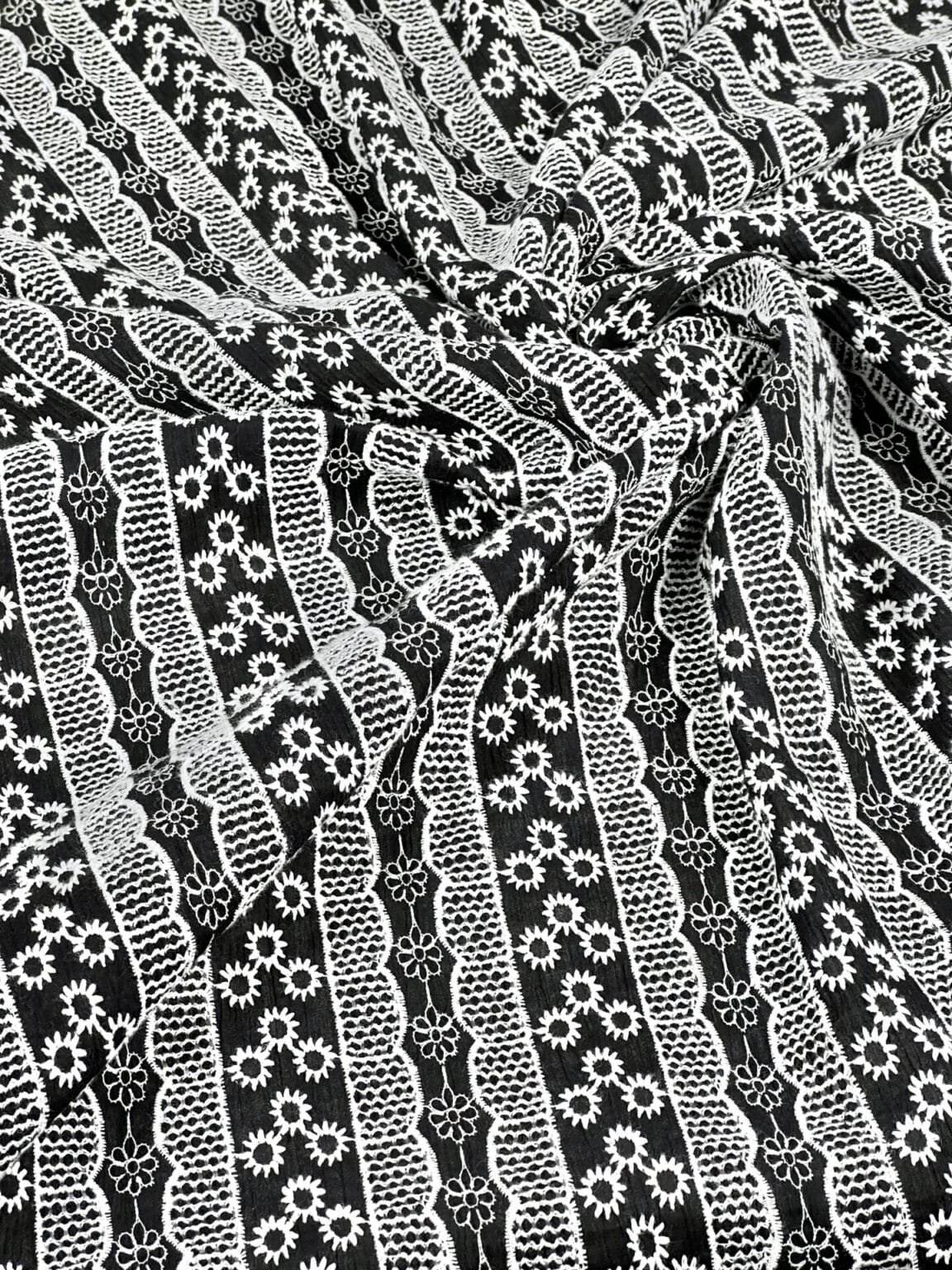 Embroidered cotton fabric in black with white patterns