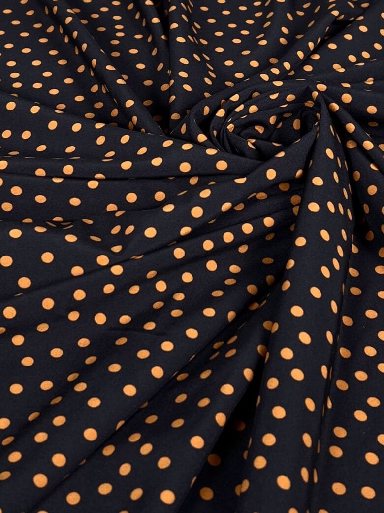 "Silky" fabric "Orange Dots" black color