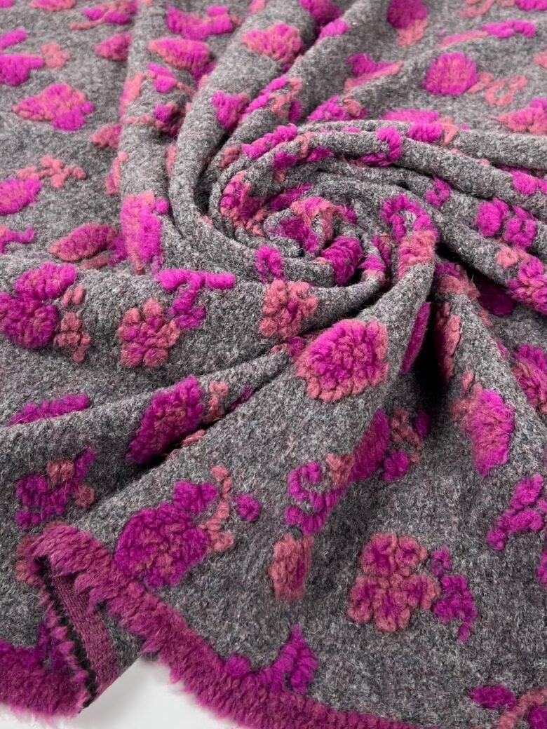 Italian "Virgin" wool thick knitwear with 3D floral motifs "Red Violet"