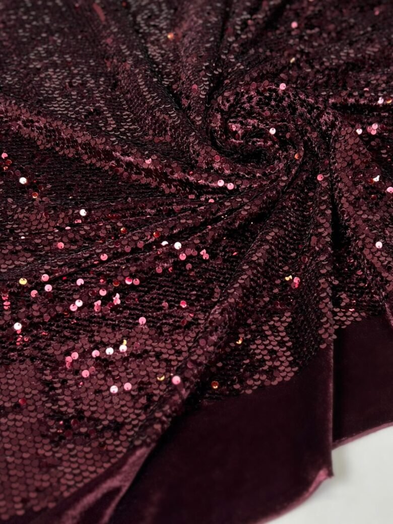 Stretch Velvet Fabric with Shimmering Sequins in Burgundy Color
