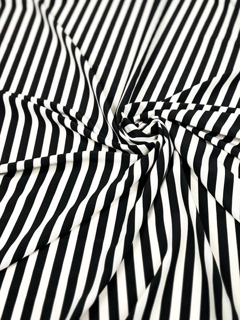 "Silky" dress fabric with striped pattern in "White and Black" colors