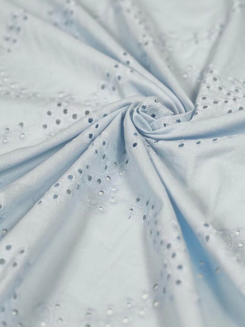 Embroidered Light Blue Cotton Fabric with Lace Edges