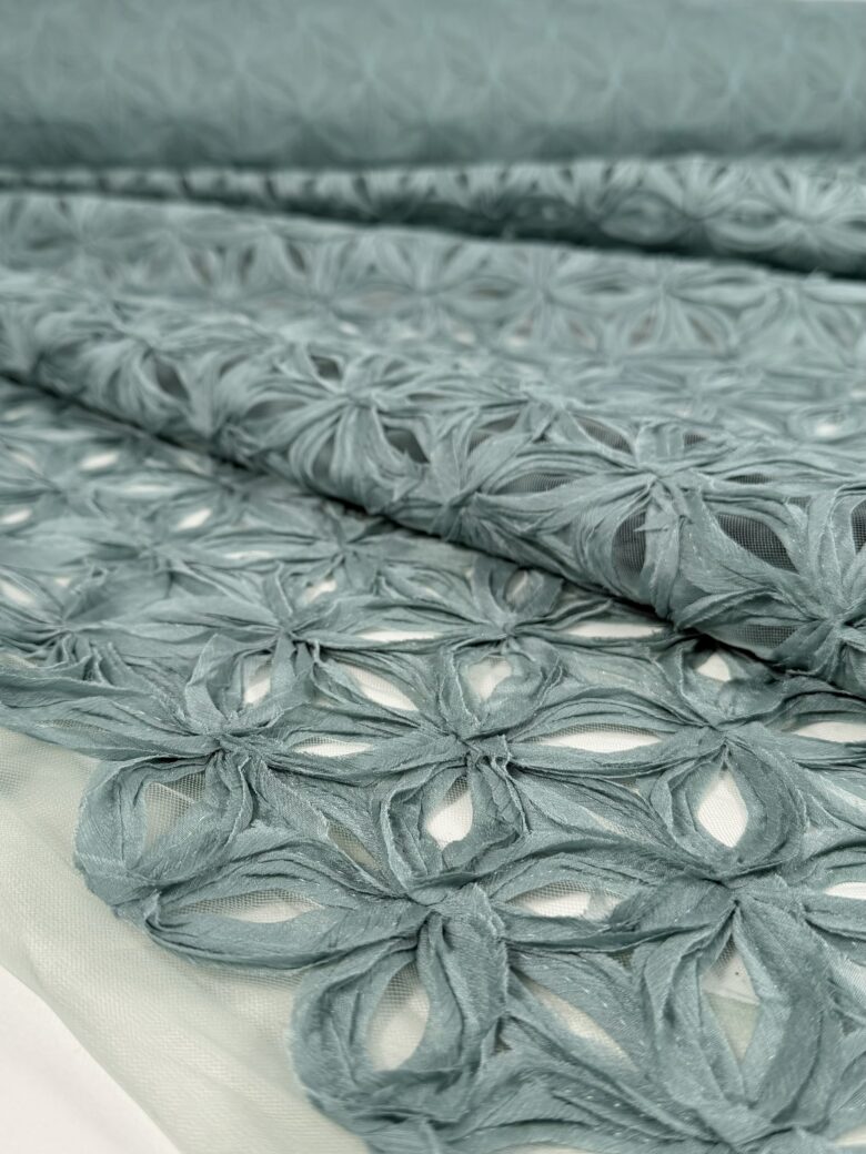 Italian Tulle with 3D Floral Appliqués "Sage Green"